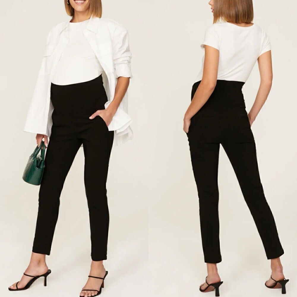 SOON Maternity Pants Womens 8 Black Dream Slim Straight Leg Crop Pockets Stretch